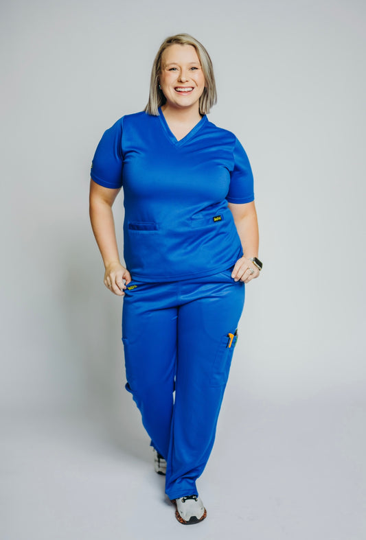 Women's Royal Blue Short Sleeve Double Pocket Scrub Top
